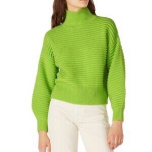Tanya Taylor Liliana Ribbed Knit Wool Sweater Lime Green Cropped Turtleneck 3X